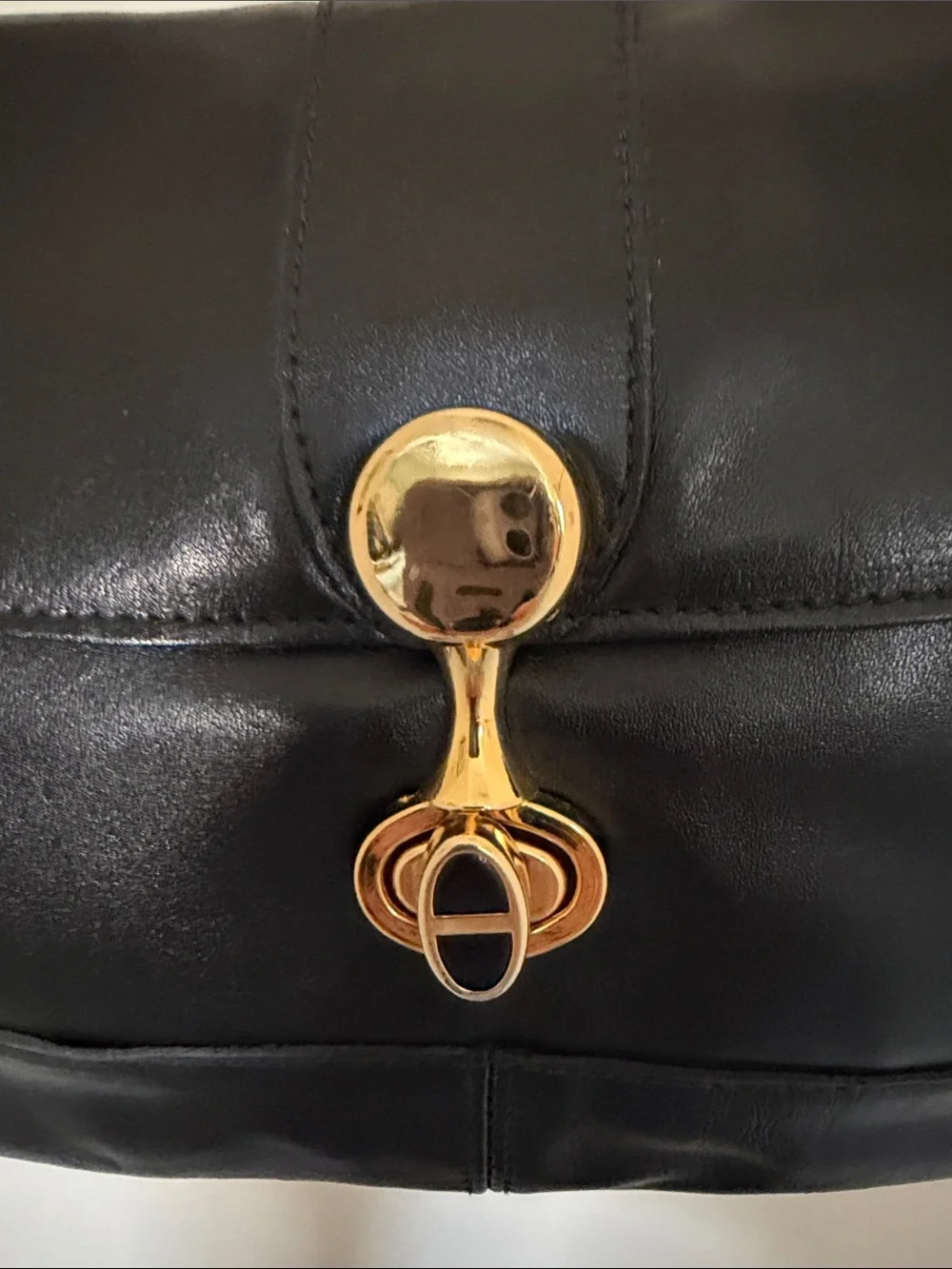 Vintage Black Leather Shoulder Bag with Gold Hardware, Strap 15 1/2 in. ,13x8 in